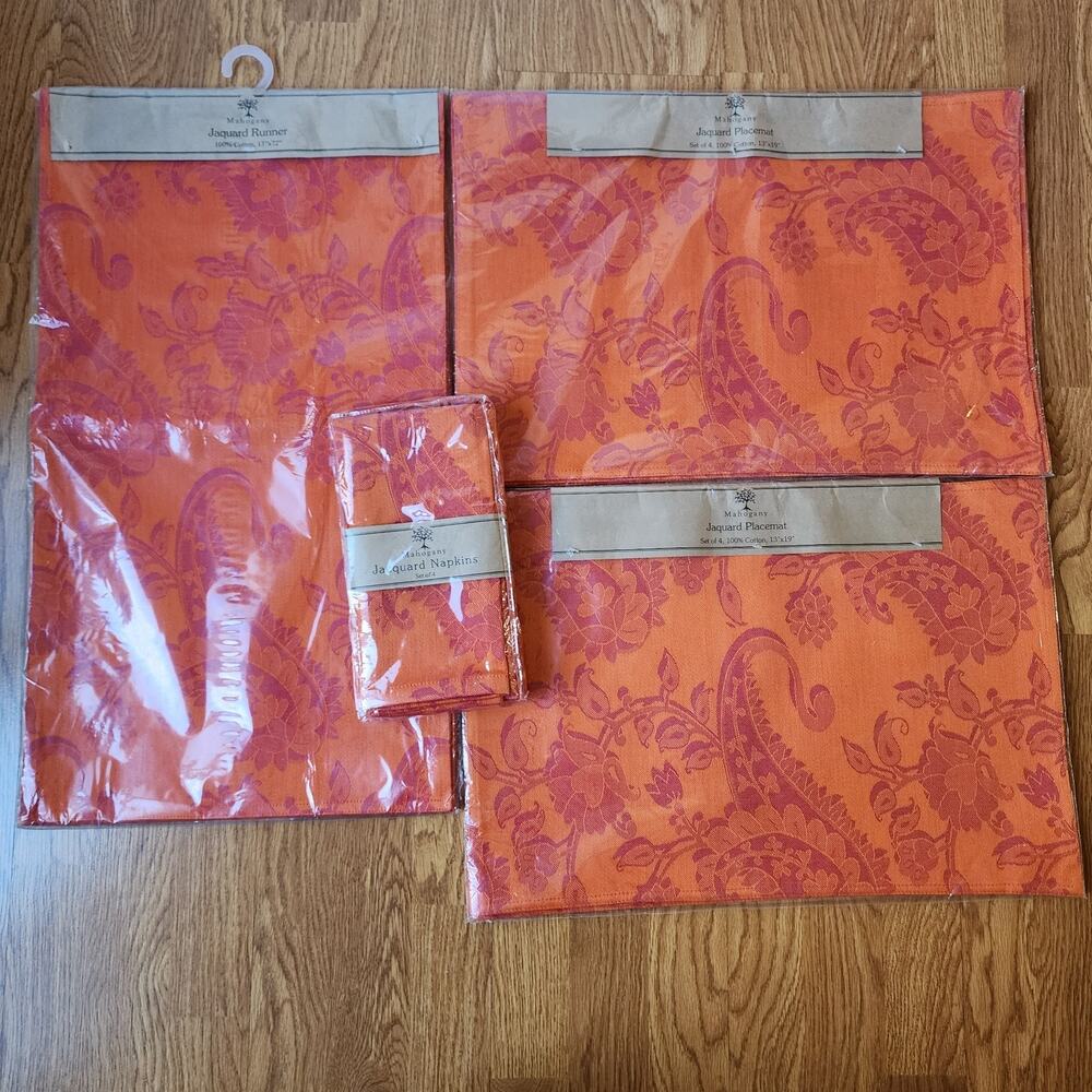 Mahogany Jacquard Placemats Napkins Table Runner Set Orange Floral Cotton New